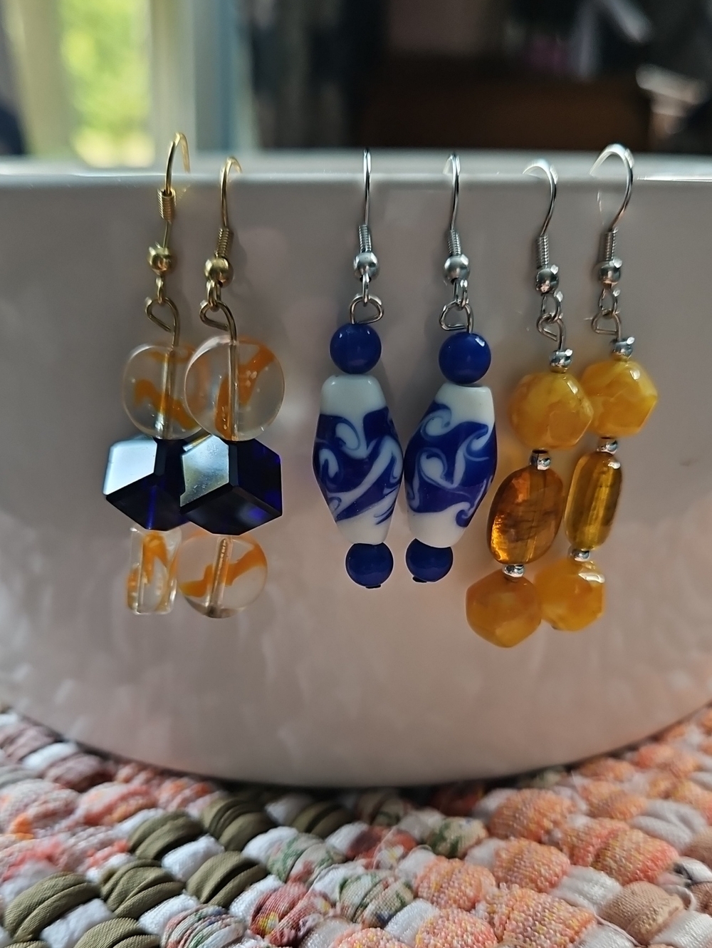 Handcrafted Blue and Amber Glass Bead Earring Set — Women’s Colorful Dangles